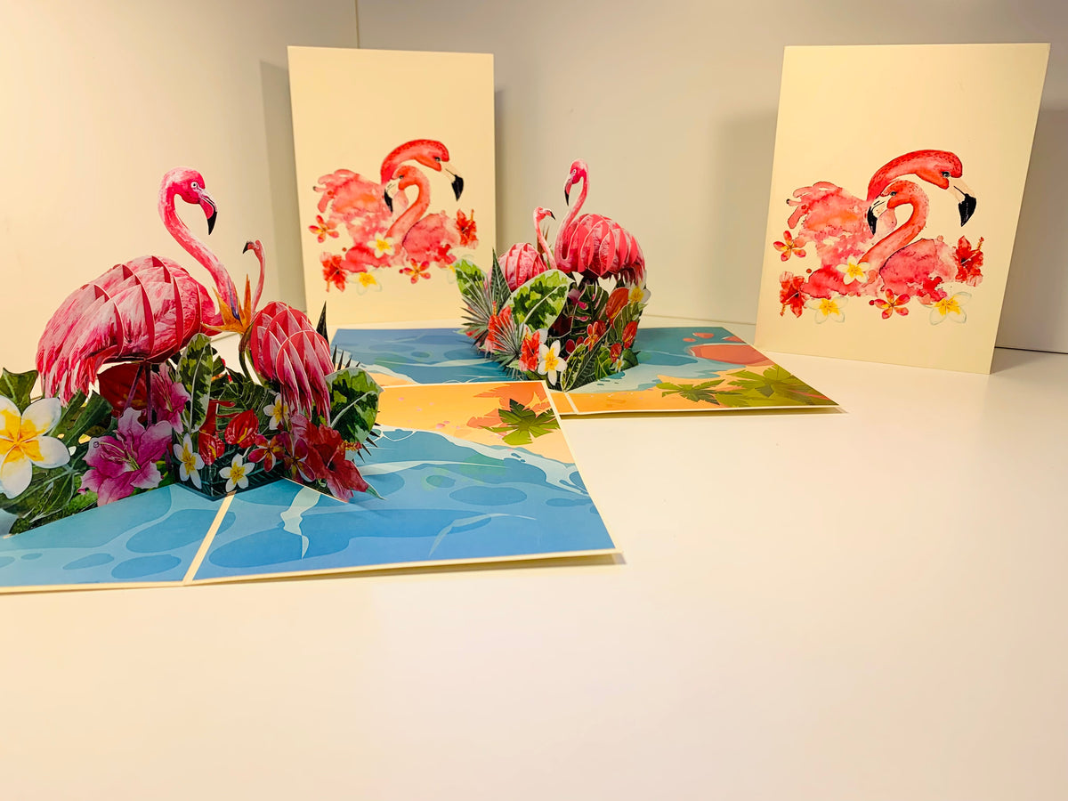 Spring Flower Garden Mother & a Baby Flamingoes Origami Pop Cards 3D Pop Up Greeting Card Best Wishes Happy Birthday Gift Thank You Handmade Best Wishes Blank Card for Any Occasion Happy Mother's Day Happy Father's Day Celebration