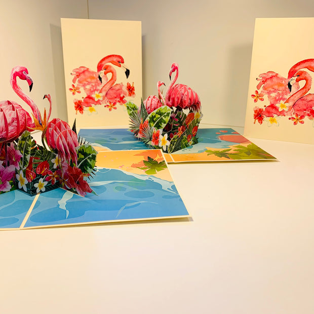 Spring Flower Garden Mother & a Baby Flamingoes Origami Pop Cards 3D Pop Up Greeting Card Best Wishes Happy Birthday Gift Thank You Handmade Best Wishes Blank Card for Any Occasion Happy Mother's Day Happy Father's Day Celebration