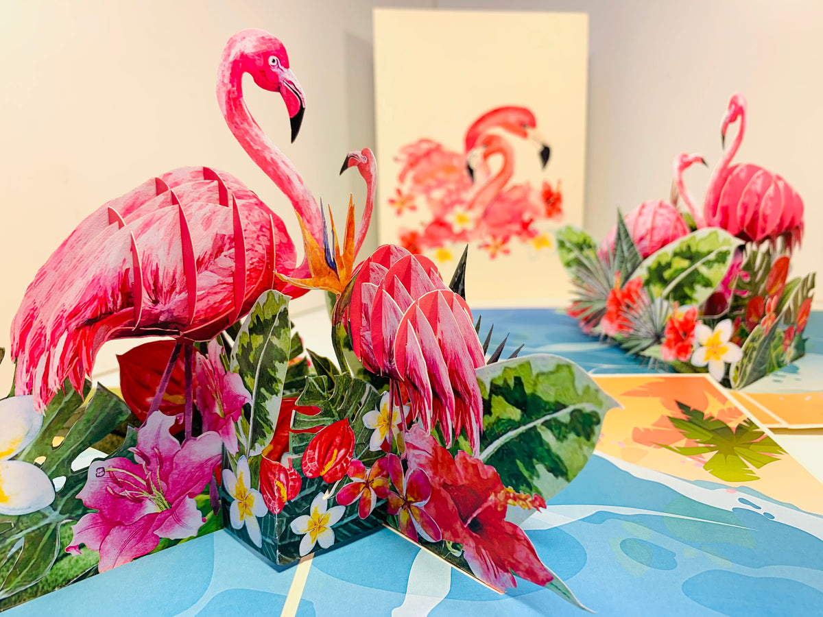 Spring Flower Garden Mother & a Baby Flamingoes Origami Pop Cards 3D Pop Up Greeting Card Best Wishes Happy Birthday Gift Thank You Handmade Best Wishes Blank Card for Any Occasion Happy Mother's Day Happy Father's Day Celebration