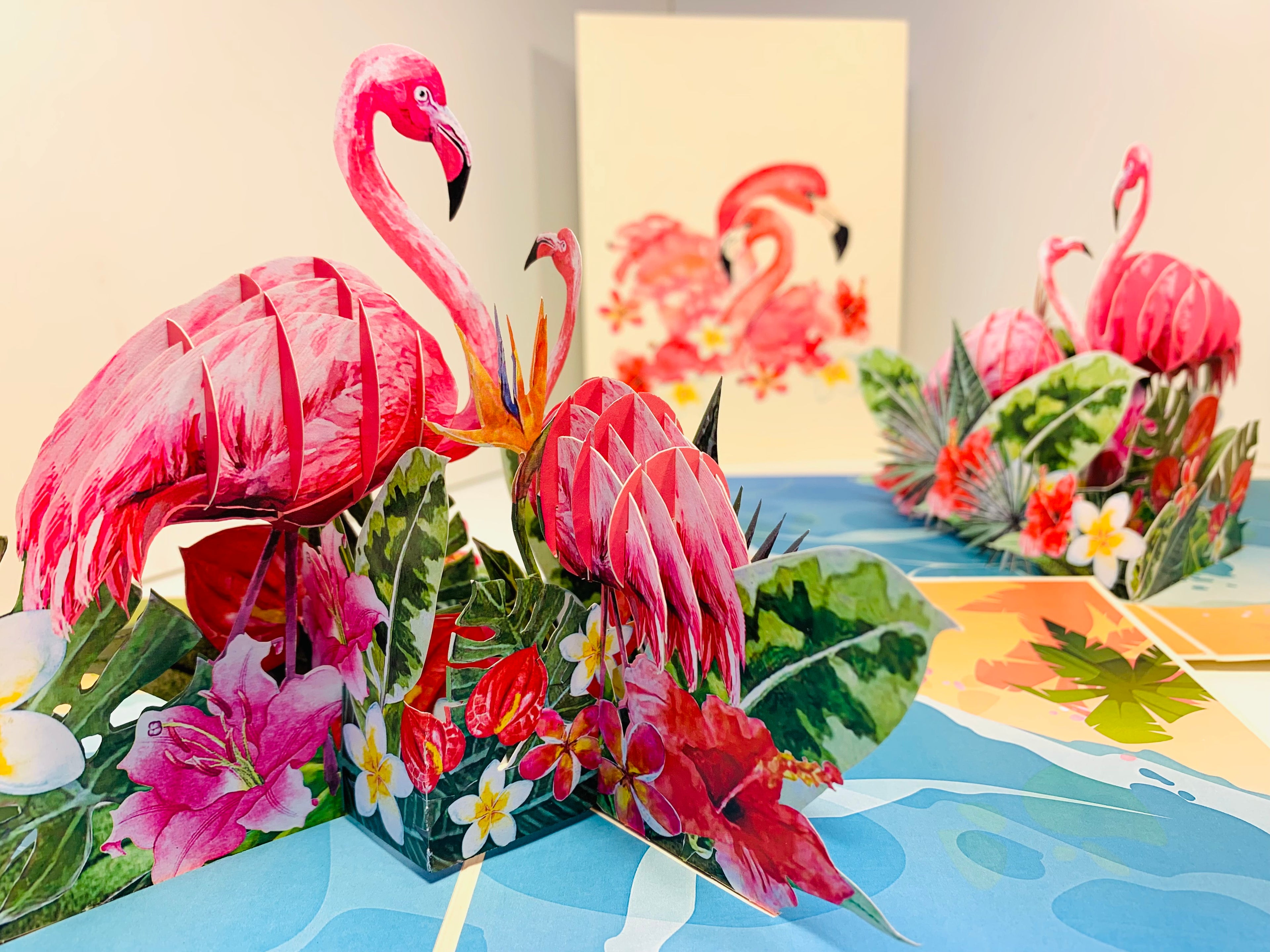 Spring Flower Garden Mother & a Baby Flamingoes Origami Pop Cards 3D Pop Up Greeting Card Best Wishes Happy Birthday Gift Thank You Handmade Best Wishes Blank Card for Any Occasion Happy Mother's Day Happy Father's Day Celebration