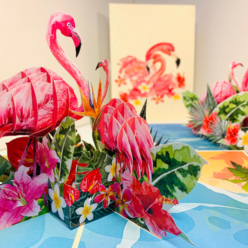 Spring Flower Garden Mother & a Baby Flamingoes Origami Pop Cards 3D Pop Up Greeting Card Best Wishes Happy Birthday Gift Thank You Handmade Best Wishes Blank Card for Any Occasion Happy Mother's Day Happy Father's Day Celebration