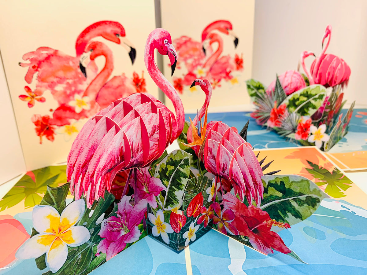 Spring Flower Garden Mother & a Baby Flamingoes Origami Pop Cards 3D Pop Up Greeting Card Best Wishes Happy Birthday Gift Thank You Handmade Best Wishes Blank Card for Any Occasion Happy Mother's Day Happy Father's Day Celebration