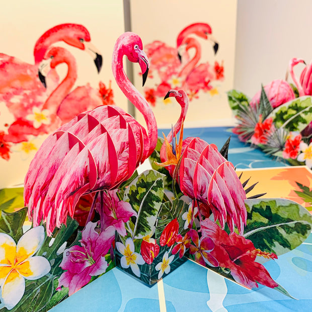 Spring Flower Garden Mother & a Baby Flamingoes Origami Pop Cards 3D Pop Up Greeting Card Best Wishes Happy Birthday Gift Thank You Handmade Best Wishes Blank Card for Any Occasion Happy Mother's Day Happy Father's Day Celebration