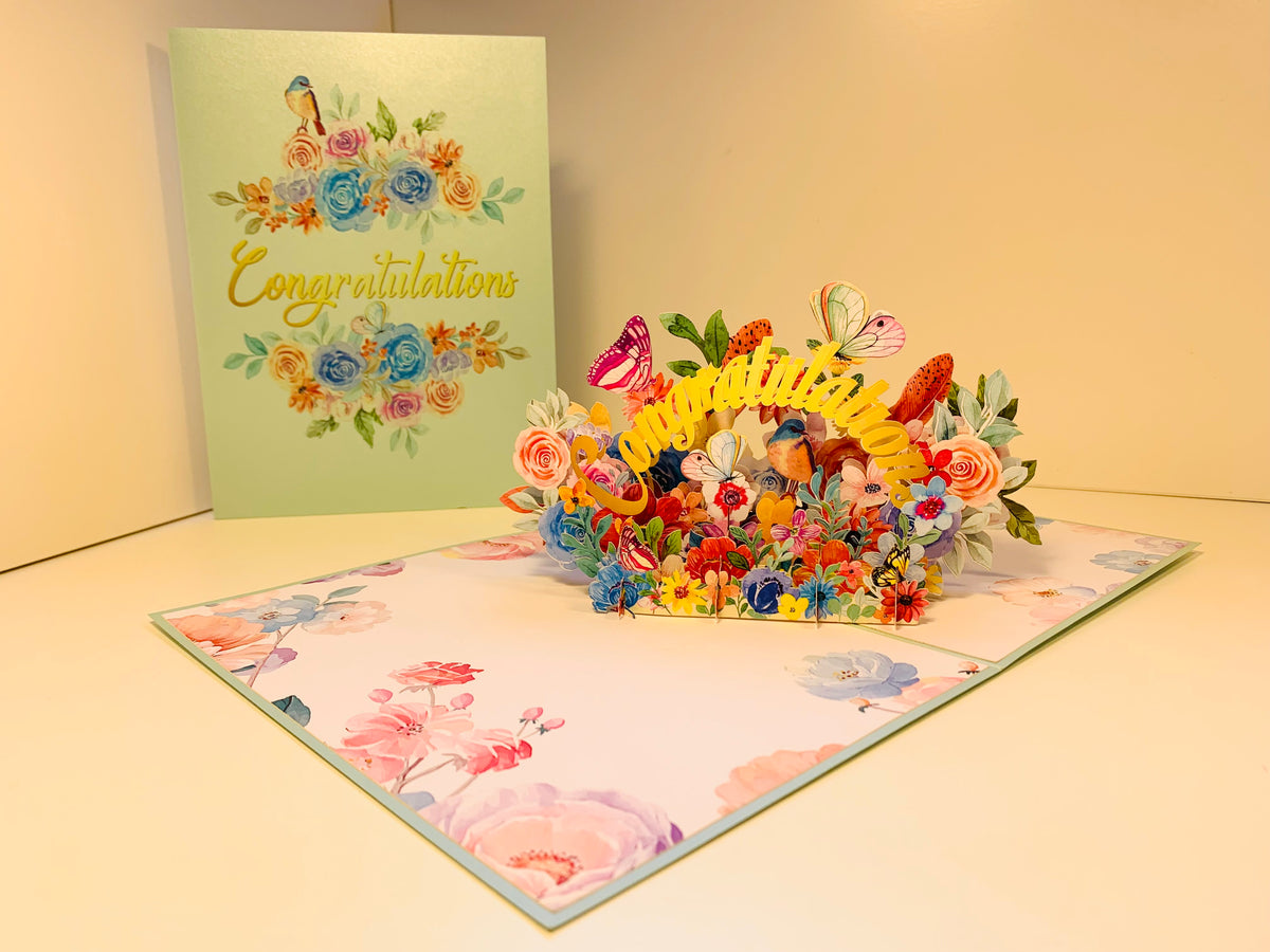 Spring Flower Garden & Butterflies CONGRATULATIONS Origami Pop Cards 3D Pop Up Greeting Card Thank You Handmade Gift Thinking of You Happy Birthday Occasion Australiana Celebrate the Beauty and Happiness During Special Day Best Wishes Gift
