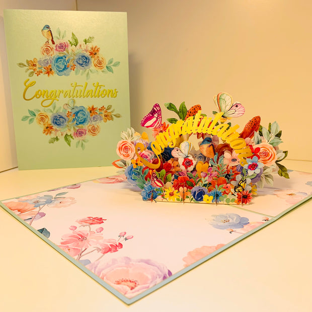 Spring Flower Garden & Butterflies CONGRATULATIONS Origami Pop Cards 3D Pop Up Greeting Card Thank You Handmade Gift Thinking of You Happy Birthday Occasion Australiana Celebrate the Beauty and Happiness During Special Day Best Wishes Gift