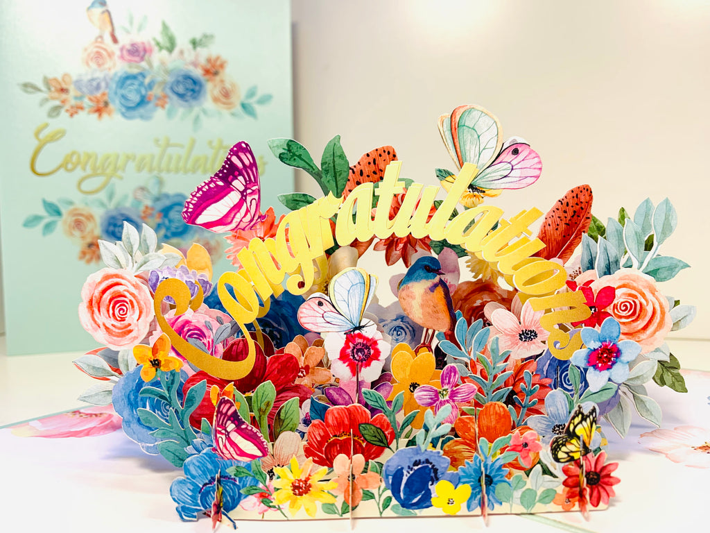 Spring Flower Garden & Butterflies CONGRATULATIONS Origami Pop Cards 3D Pop Up Greeting Card Thank You Handmade Gift Thinking of You Happy Birthday Occasion Australiana Celebrate the Beauty and Happiness During Special Day Best Wishes Gift