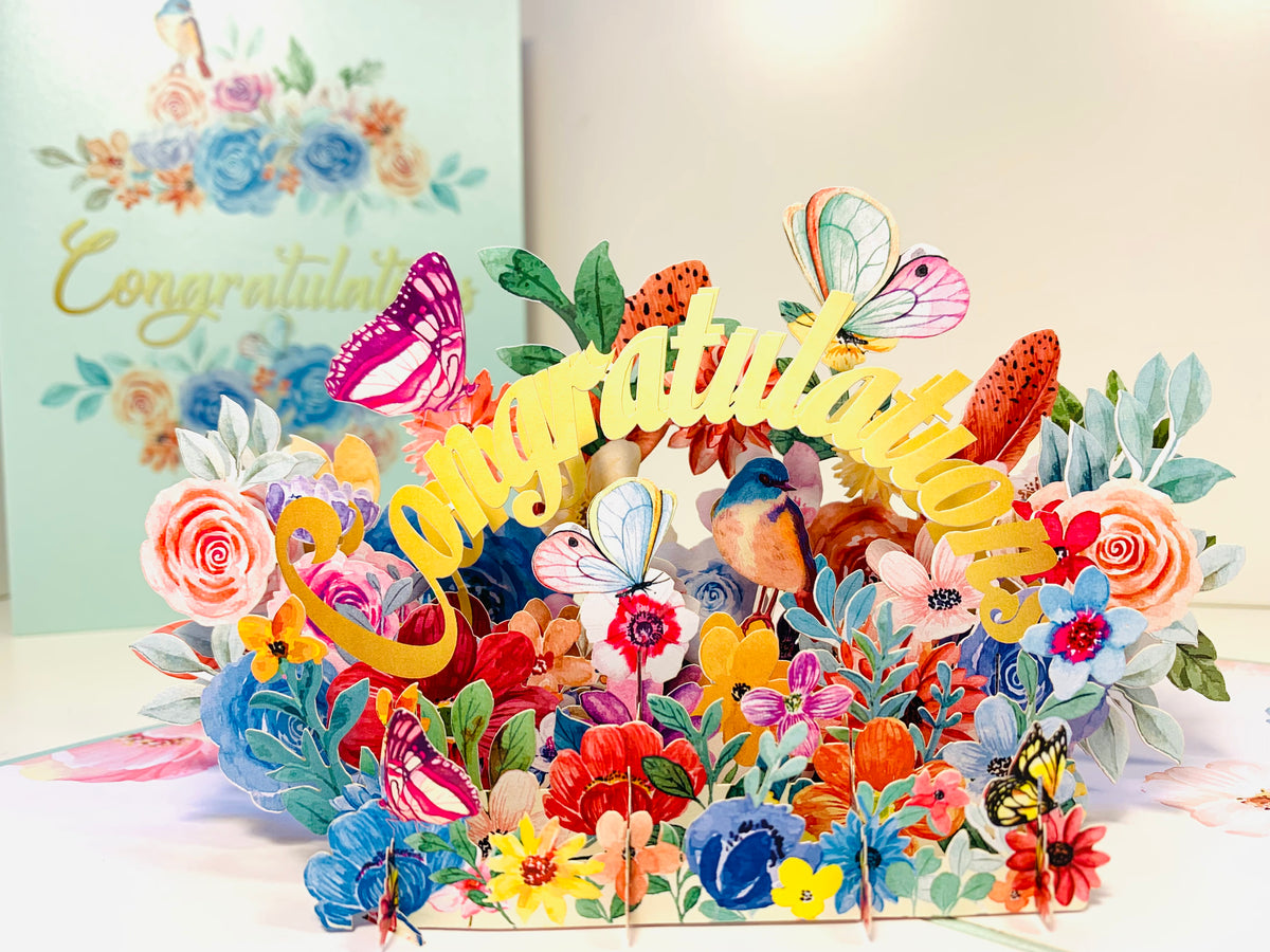Spring Flower Garden & Butterflies CONGRATULATIONS Origami Pop Cards 3D Pop Up Greeting Card Thank You Handmade Gift Thinking of You Happy Birthday Occasion Australiana Celebrate the Beauty and Happiness During Special Day Best Wishes Gift