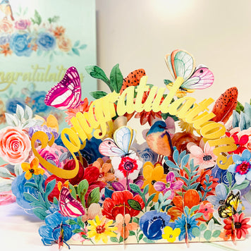 Spring Flower Garden & Butterflies CONGRATULATIONS Origami Pop Cards 3D Pop Up Greeting Card Thank You Handmade Gift Thinking of You Happy Birthday Occasion Australiana Celebrate the Beauty and Happiness During Special Day Best Wishes Gift