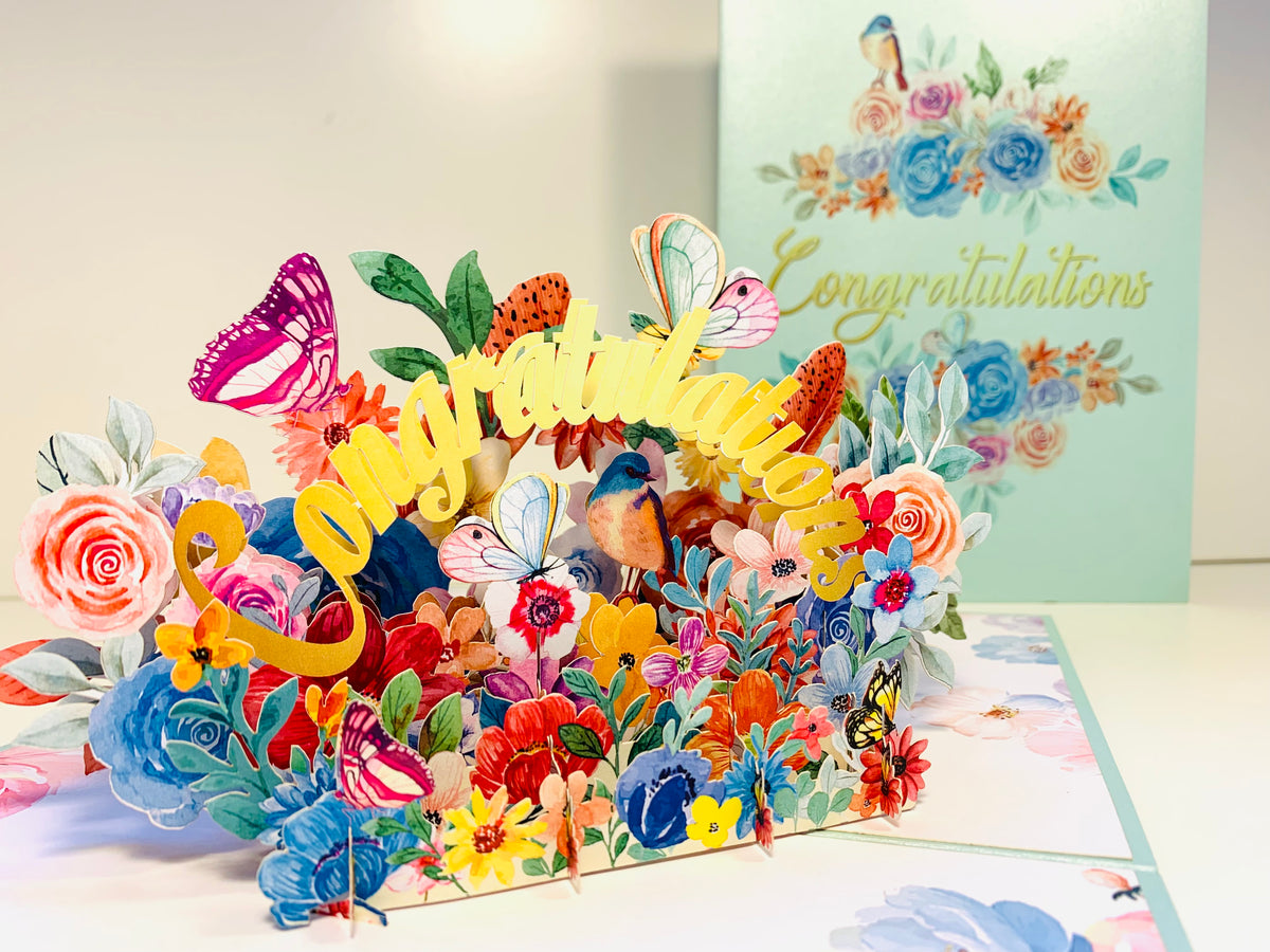 Spring Flower Garden & Butterflies CONGRATULATIONS Origami Pop Cards 3D Pop Up Greeting Card Thank You Handmade Gift Thinking of You Happy Birthday Occasion Australiana Celebrate the Beauty and Happiness During Special Day Best Wishes Gift