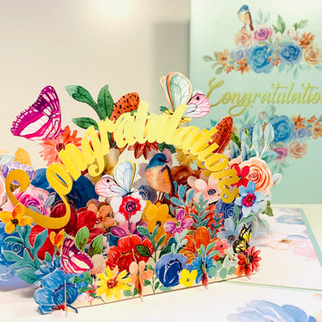 Spring Flower Garden & Butterflies CONGRATULATIONS Origami Pop Cards 3D Pop Up Greeting Card Thank You Handmade Gift Thinking of You Happy Birthday Occasion Australiana Celebrate the Beauty and Happiness During Special Day Best Wishes Gift