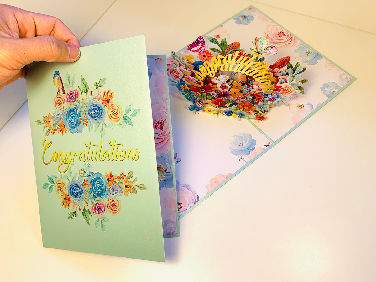 Spring Flower Garden & Butterflies CONGRATULATIONS Origami Pop Cards 3D Pop Up Greeting Card Thank You Handmade Gift Thinking of You Happy Birthday Occasion Australiana Celebrate the Beauty and Happiness During Special Day Best Wishes Gift