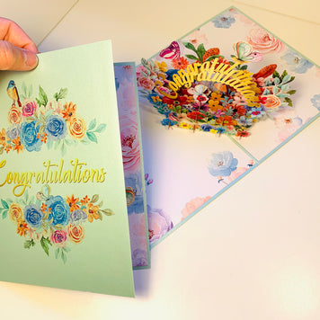 Spring Flower Garden & Butterflies CONGRATULATIONS Origami Pop Cards 3D Pop Up Greeting Card Thank You Handmade Gift Thinking of You Happy Birthday Occasion Australiana Celebrate the Beauty and Happiness During Special Day Best Wishes Gift