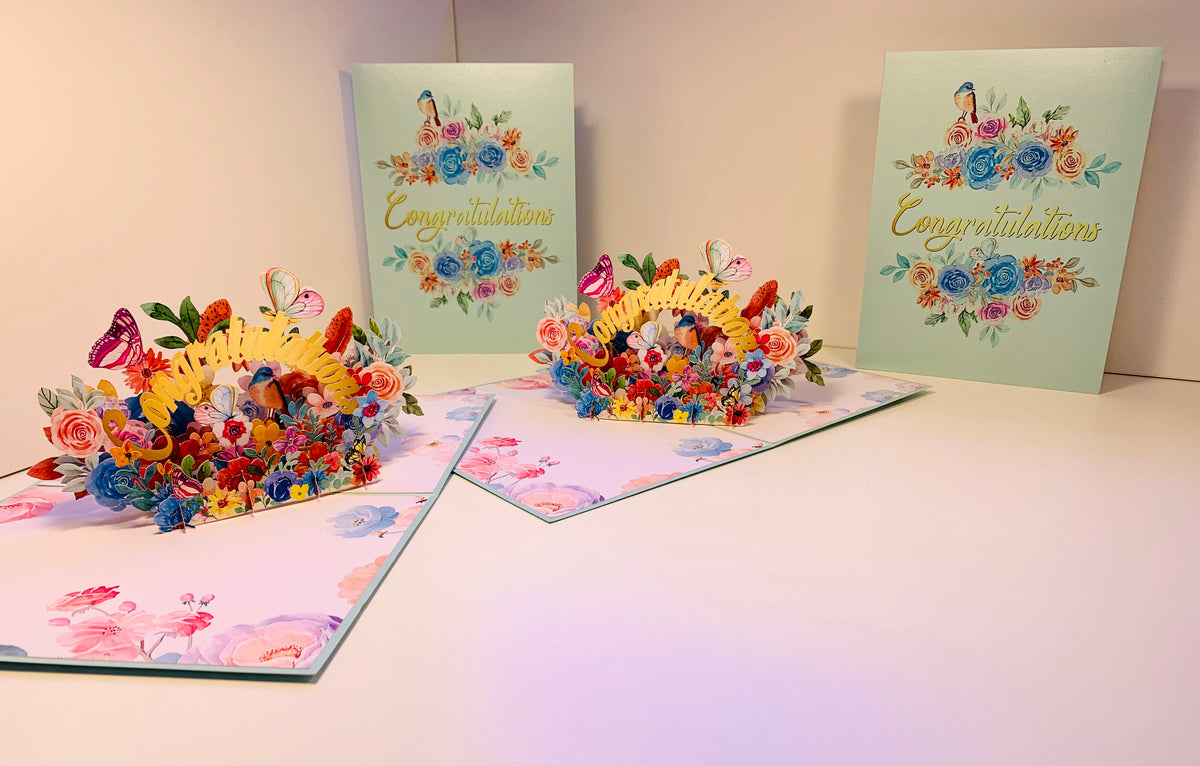 Spring Flower Garden & Butterflies CONGRATULATIONS Origami Pop Cards 3D Pop Up Greeting Card Thank You Handmade Gift Thinking of You Happy Birthday Occasion Australiana Celebrate the Beauty and Happiness During Special Day Best Wishes Gift