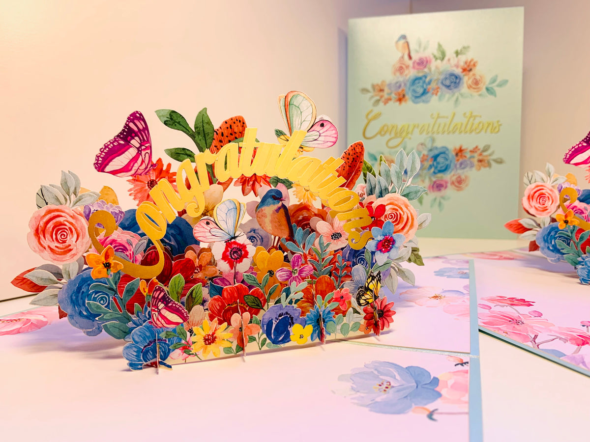 Spring Flower Garden & Butterflies CONGRATULATIONS Origami Pop Cards 3D Pop Up Greeting Card Thank You Handmade Gift Thinking of You Happy Birthday Occasion Australiana Celebrate the Beauty and Happiness During Special Day Best Wishes Gift