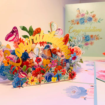 Spring Flower Garden & Butterflies CONGRATULATIONS Origami Pop Cards 3D Pop Up Greeting Card Thank You Handmade Gift Thinking of You Happy Birthday Occasion Australiana Celebrate the Beauty and Happiness During Special Day Best Wishes Gift