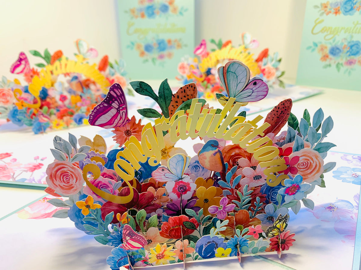 Spring Flower Garden & Butterflies CONGRATULATIONS Origami Pop Cards 3D Pop Up Greeting Card Thank You Handmade Gift Thinking of You Happy Birthday Occasion Australiana Celebrate the Beauty and Happiness During Special Day Best Wishes Gift
