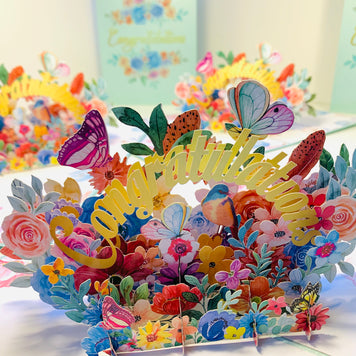 Spring Flower Garden & Butterflies CONGRATULATIONS Origami Pop Cards 3D Pop Up Greeting Card Thank You Handmade Gift Thinking of You Happy Birthday Occasion Australiana Celebrate the Beauty and Happiness During Special Day Best Wishes Gift