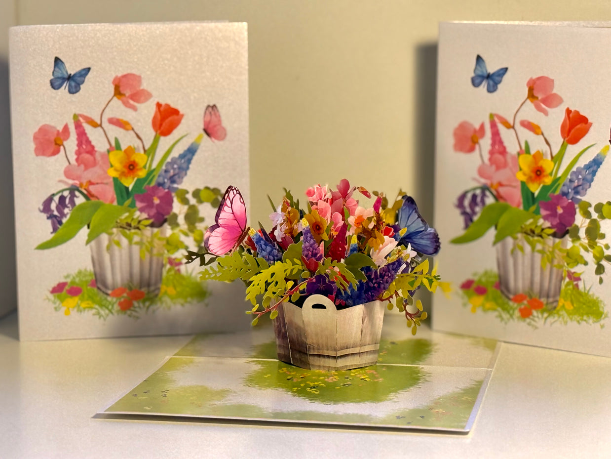 Spring Flowers in Bucket with Butterflies Origami Pop Cards 3D Pop Up Greeting Card Happy Birthday Thank You Handmade Gift Thinking of You Blank Card for Any Occasion Happy Mother's Day Happy Father's Australiana Celebrate the Beauty of Flower