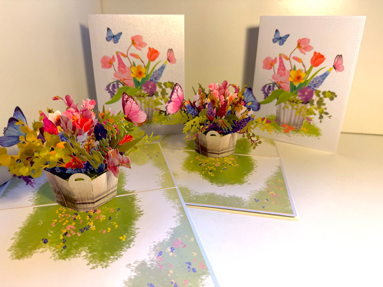 Spring Flowers in Bucket with Butterflies Origami Pop Cards 3D Pop Up Greeting Card Happy Birthday Thank You Handmade Gift Thinking of You Blank Card for Any Occasion Happy Mother's Day Happy Father's Australiana Celebrate the Beauty of Flower