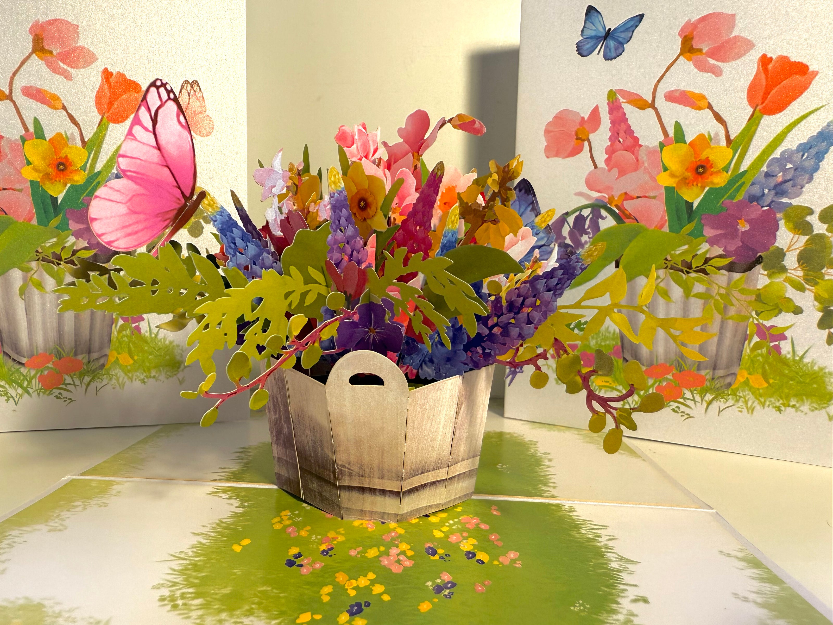 Spring Flowers in Bucket with Butterflies Origami Pop Cards 3D Pop Up Greeting Card Happy Birthday Thank You Handmade Gift Thinking of You Blank Card for Any Occasion Happy Mother's Day Happy Father's Australiana Celebrate the Beauty of Flower