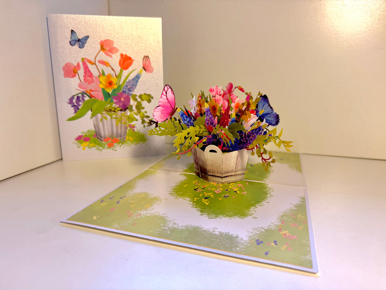 Spring Flowers in Bucket with Butterflies Origami Pop Cards 3D Pop Up Greeting Card Happy Birthday Thank You Handmade Gift Thinking of You Blank Card for Any Occasion Happy Mother's Day Happy Father's Australiana Celebrate the Beauty of Flower