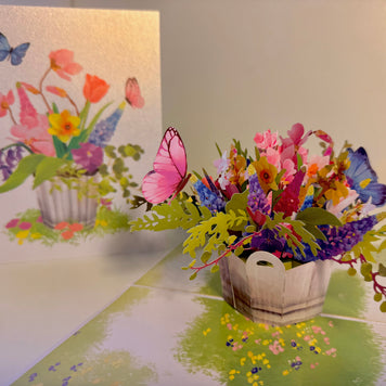 Spring Flowers in Bucket with Butterflies Origami Pop Cards 3D Pop Up Greeting Card Happy Birthday Thank You Handmade Gift Thinking of You Blank Card for Any Occasion Happy Mother's Day Happy Father's Australiana Celebrate the Beauty of Flower
