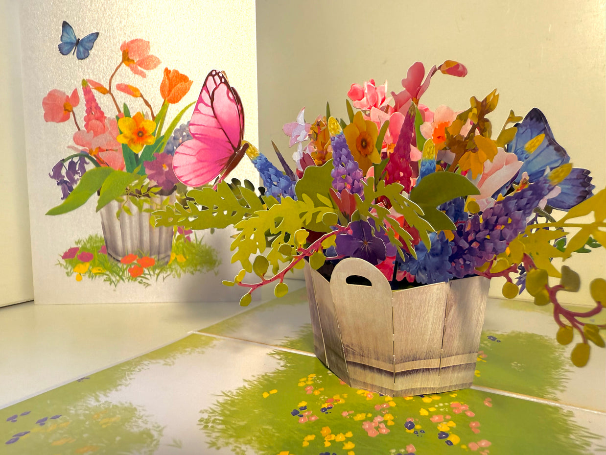 Spring Flowers in Bucket with Butterflies Origami Pop Cards 3D Pop Up Greeting Card Happy Birthday Thank You Handmade Gift Thinking of You Blank Card for Any Occasion Happy Mother's Day Happy Father's Australiana Celebrate the Beauty of Flower