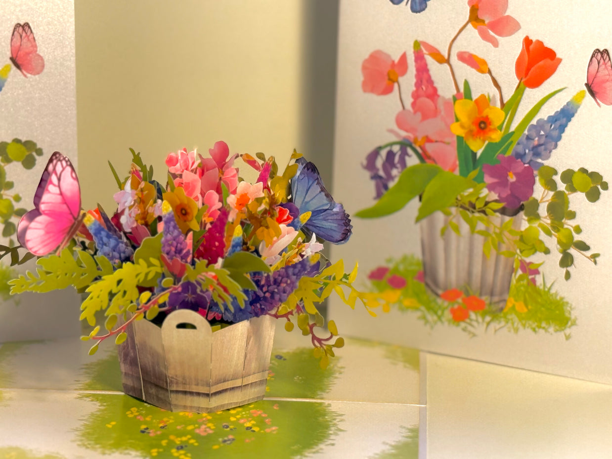 Spring Flowers in Bucket with Butterflies Origami Pop Cards 3D Pop Up Greeting Card Happy Birthday Thank You Handmade Gift Thinking of You Blank Card for Any Occasion Happy Mother's Day Happy Father's Australiana Celebrate the Beauty of Flower