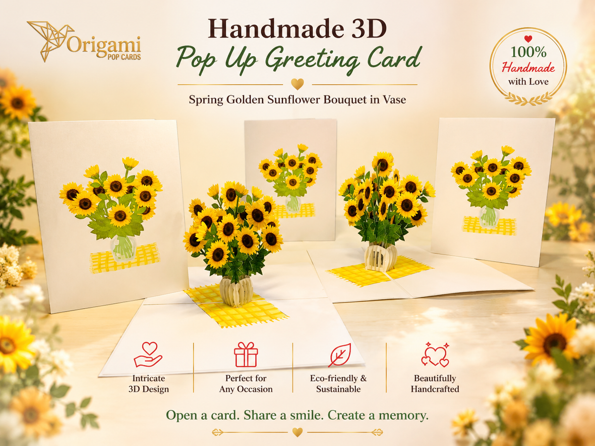 Spring Golden Sunflower Bouquet in Vase Pop Cards 3D Pop Up Greeting Card Happy Birthday Thank You Handmade Gift Thinking of You Blank Card for Any Occasion Happy Mother's Day Happy Father's Australiana Celebrate the Beauty of Flower