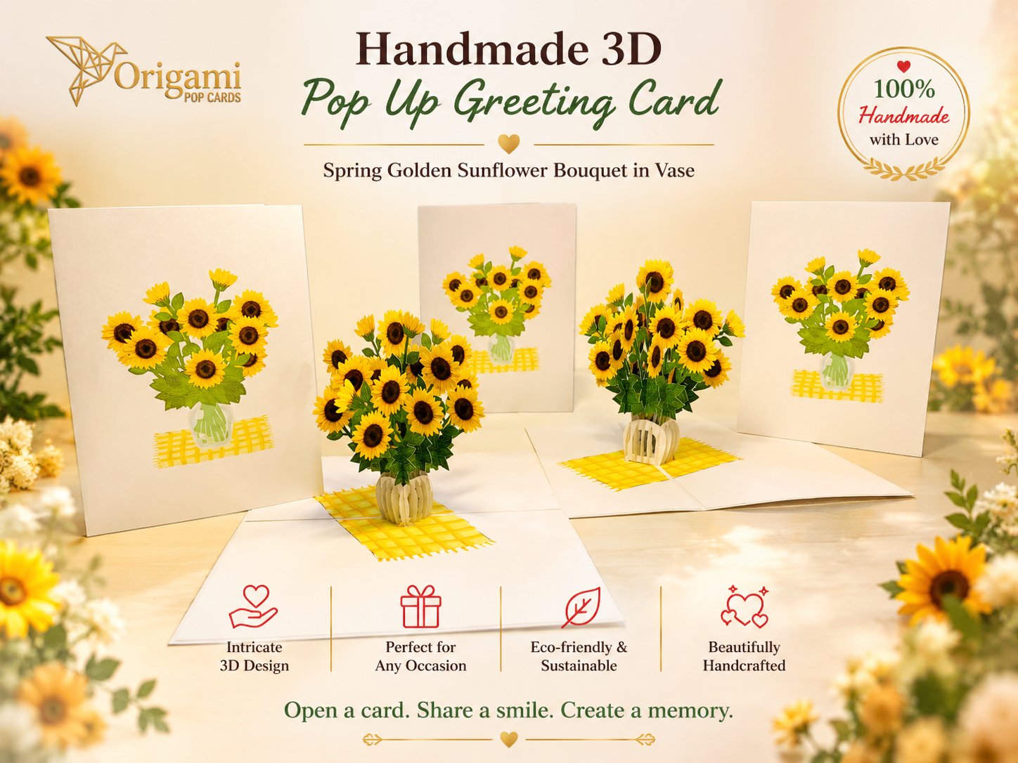 Spring Golden Sunflower Bouquet in Vase Pop Cards 3D Pop Up Greeting Card Happy Birthday Thank You Handmade Gift Thinking of You Blank Card for Any Occasion Happy Mother's Day Happy Father's Australiana Celebrate the Beauty of Flower