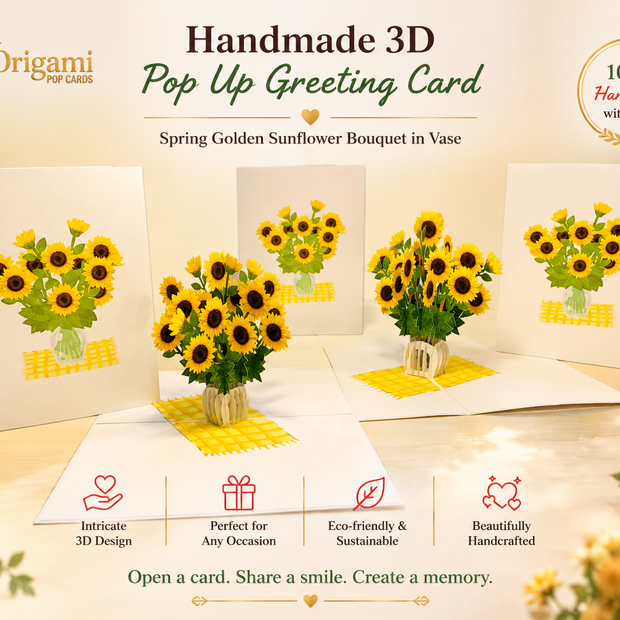 Spring Golden Sunflower Bouquet in Vase Pop Cards 3D Pop Up Greeting Card Happy Birthday Thank You Handmade Gift Thinking of You Blank Card for Any Occasion Happy Mother's Day Happy Father's Australiana Celebrate the Beauty of Flower
