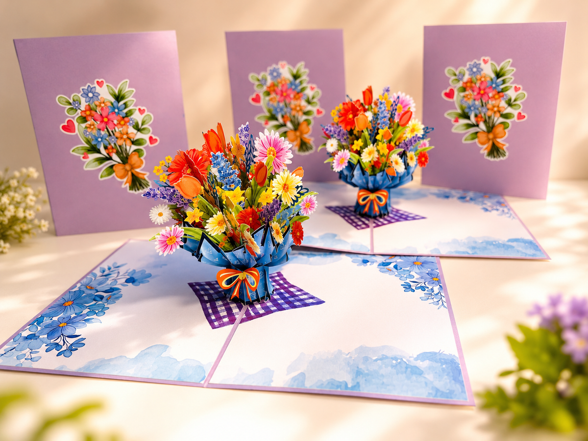 Spring Pink Purple Mixed Daisy Flower Bouquet Origami Pop Cards 3D Pop Up Greeting Card Happy Birthday Thank You Handmade Gift Thinking of You Blank Card for Any Occasion Happy Mother's Day Happy Father's Australiana Celebrate the Beauty of Flower