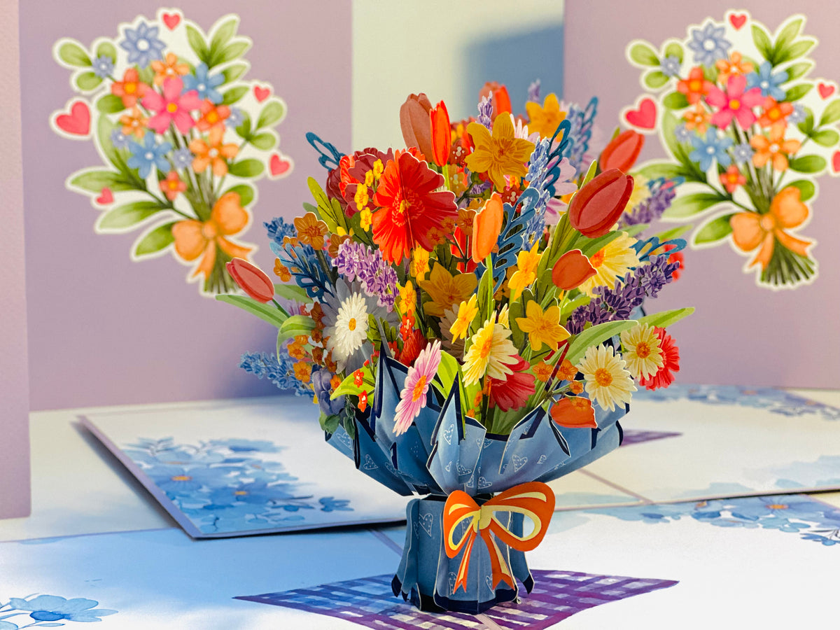 Spring Pink Purple Mixed Daisy Flower Bouquet Origami Pop Cards 3D Pop Up Greeting Card Happy Birthday Thank You Handmade Gift Thinking of You Blank Card for Any Occasion Happy Mother's Day Happy Father's Australiana Celebrate the Beauty of Flower