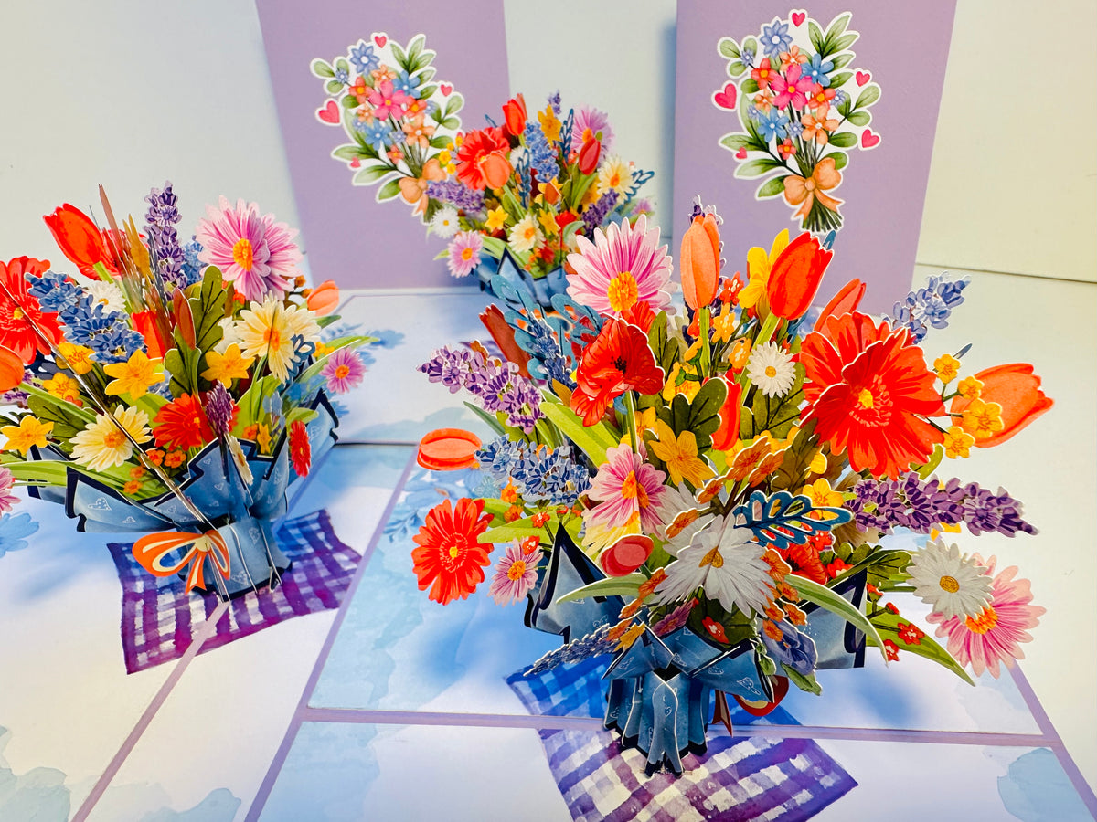 Spring Pink Purple Mixed Daisy Flower Bouquet Origami Pop Cards 3D Pop Up Greeting Card Happy Birthday Thank You Handmade Gift Thinking of You Blank Card for Any Occasion Happy Mother's Day Happy Father's Australiana Celebrate the Beauty of Flower
