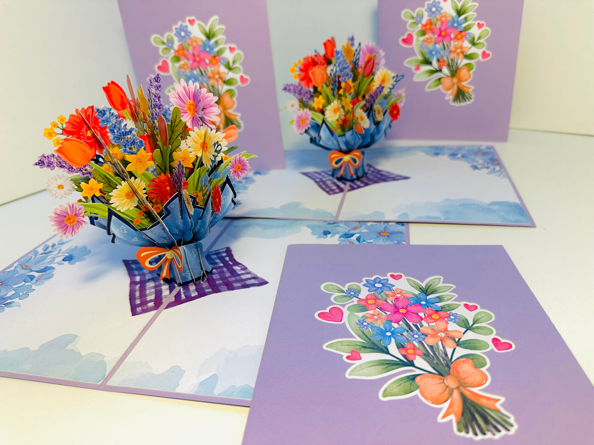 Spring Pink Purple Mixed Daisy Flower Bouquet Origami Pop Cards 3D Pop Up Greeting Card Happy Birthday Thank You Handmade Gift Thinking of You Blank Card for Any Occasion Happy Mother's Day Happy Father's Australiana Celebrate the Beauty of Flower