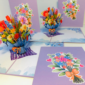 Spring Pink Purple Mixed Daisy Flower Bouquet Origami Pop Cards 3D Pop Up Greeting Card Happy Birthday Thank You Handmade Gift Thinking of You Blank Card for Any Occasion Happy Mother's Day Happy Father's Australiana Celebrate the Beauty of Flower