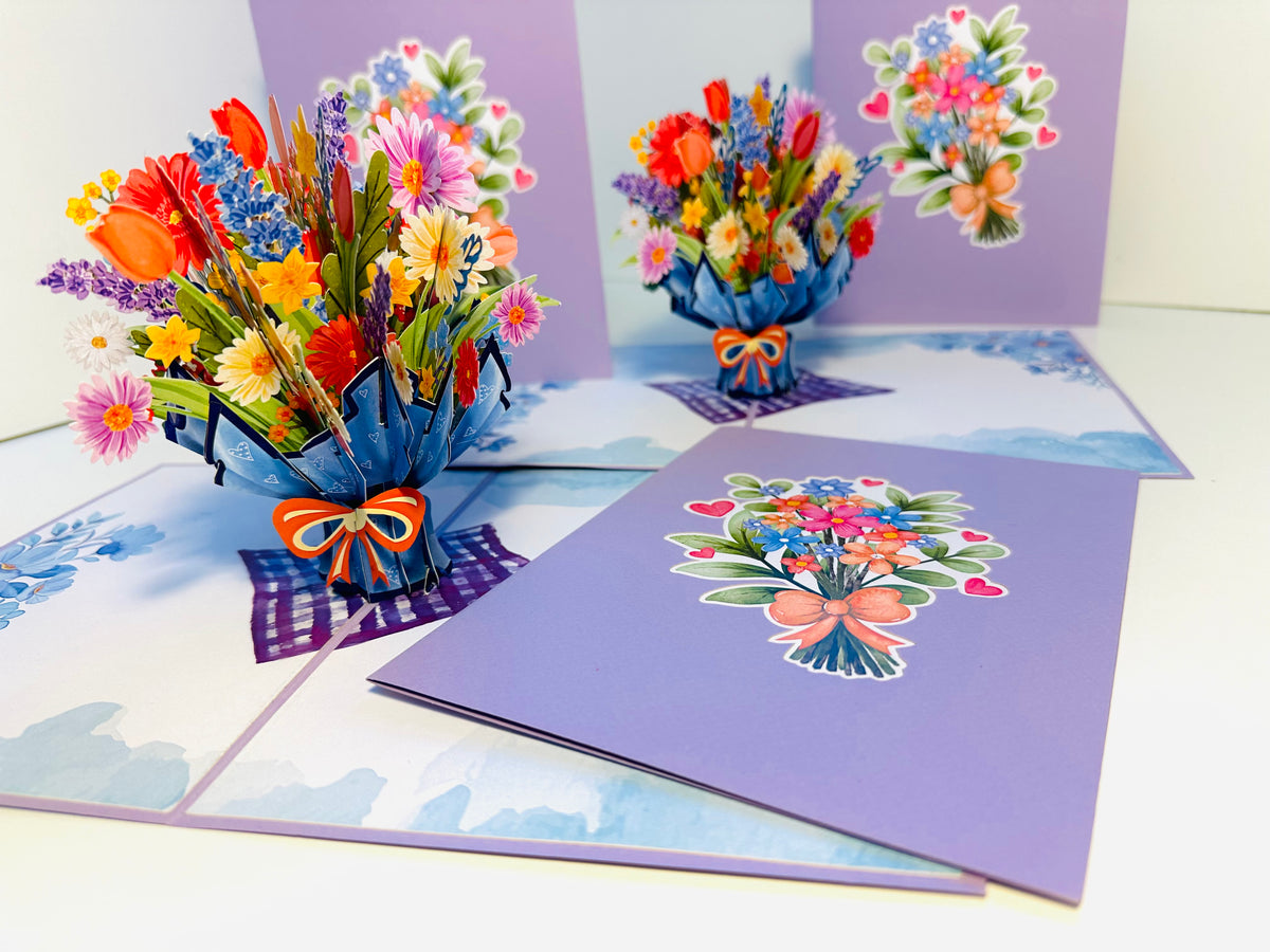 Spring Pink Purple Mixed Daisy Flower Bouquet Origami Pop Cards 3D Pop Up Greeting Card Happy Birthday Thank You Handmade Gift Thinking of You Blank Card for Any Occasion Happy Mother's Day Happy Father's Australiana Celebrate the Beauty of Flower