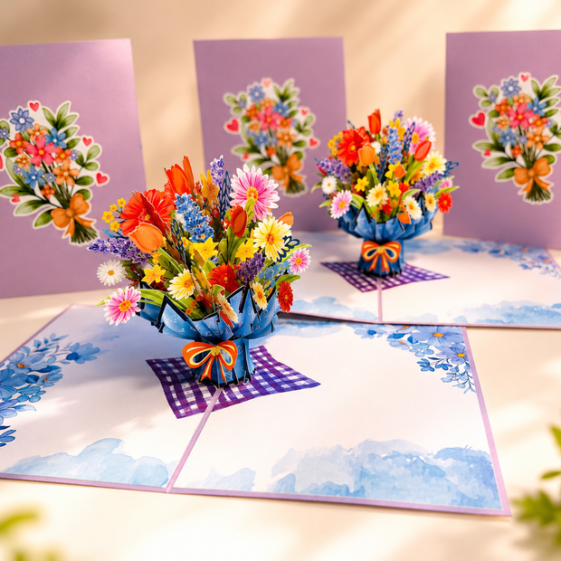 Spring Pink Purple Mixed Daisy Flower Bouquet Origami Pop Cards 3D Pop Up Greeting Card Happy Birthday Thank You Handmade Gift Thinking of You Blank Card for Any Occasion Happy Mother's Day Happy Father's Australiana Celebrate the Beauty of Flower