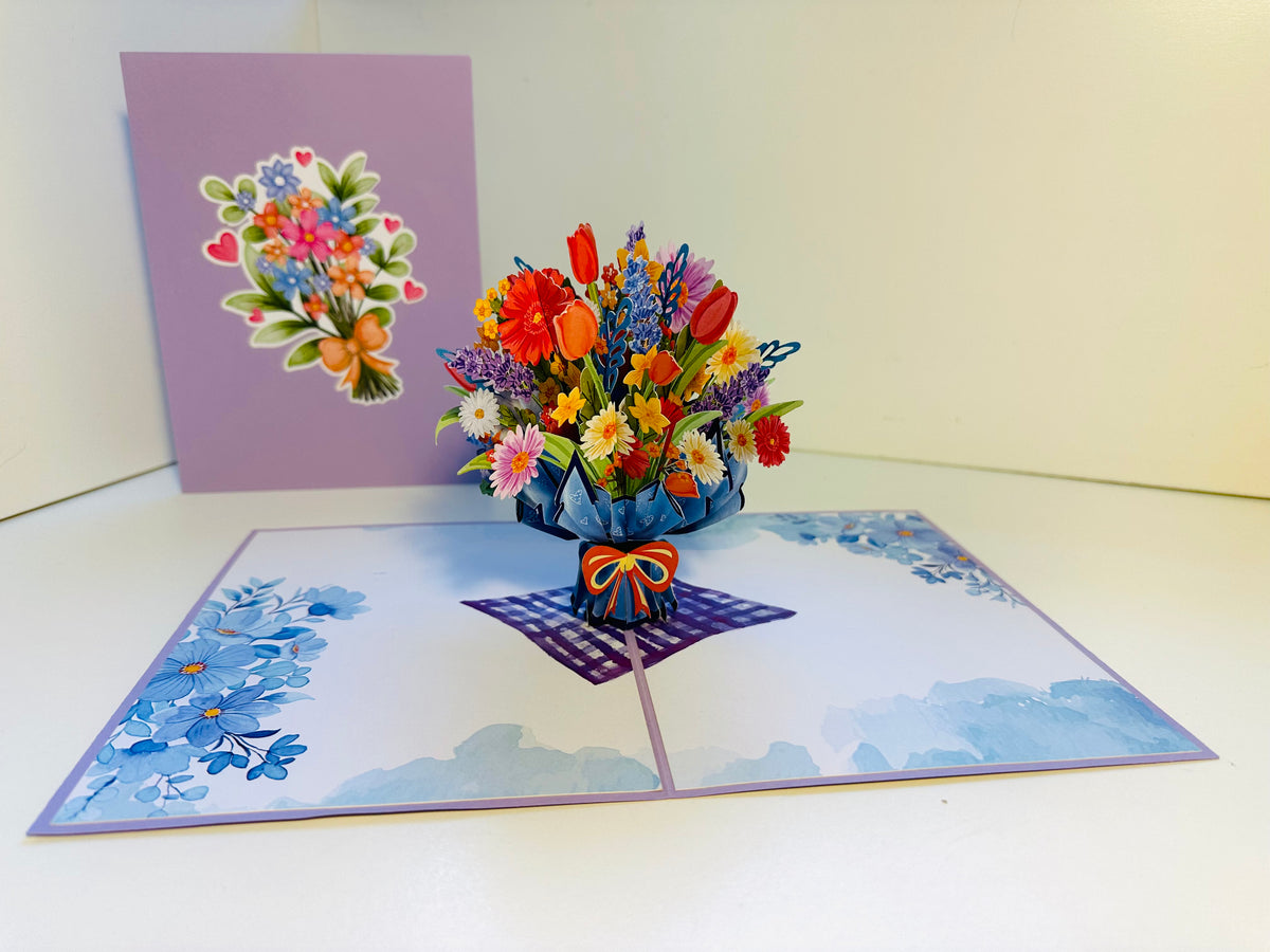 Spring Pink Purple Mixed Daisy Flower Bouquet Origami Pop Cards 3D Pop Up Greeting Card Happy Birthday Thank You Handmade Gift Thinking of You Blank Card for Any Occasion Happy Mother's Day Happy Father's Australiana Celebrate the Beauty of Flower