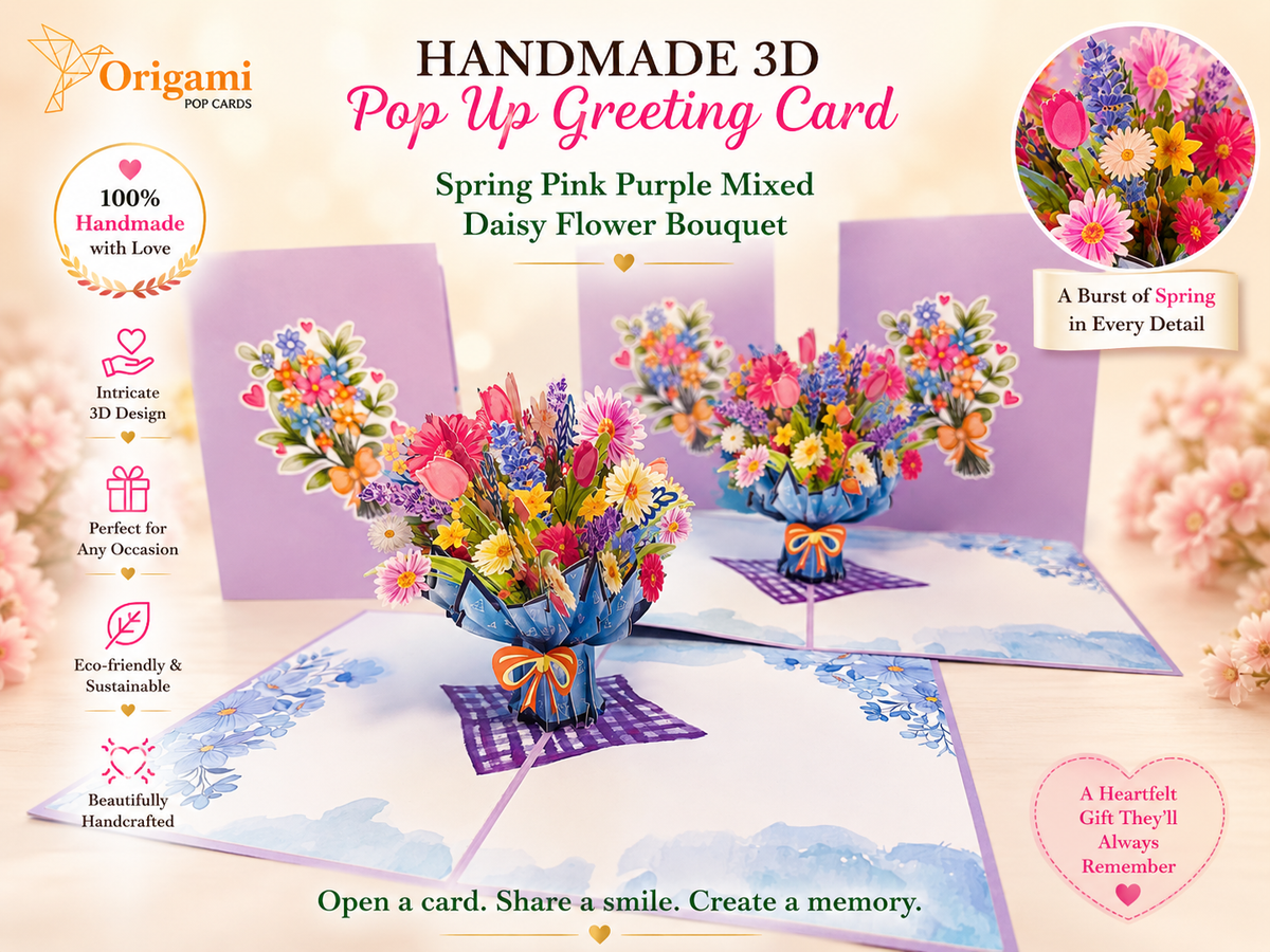 Spring Pink Purple Mixed Daisy Flower Bouquet Origami Pop Cards 3D Pop Up Greeting Card Happy Birthday Thank You Handmade Gift Thinking of You Blank Card for Any Occasion Happy Mother's Day Happy Father's Australiana Celebrate the Beauty of Flower