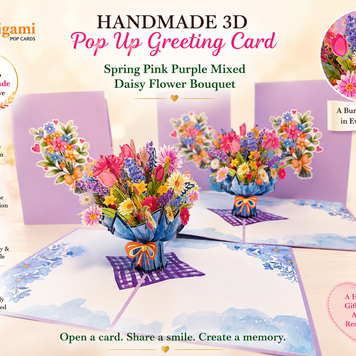 Spring Pink Purple Mixed Daisy Flower Bouquet Origami Pop Cards 3D Pop Up Greeting Card Happy Birthday Thank You Handmade Gift Thinking of You Blank Card for Any Occasion Happy Mother's Day Happy Father's Australiana Celebrate the Beauty of Flower