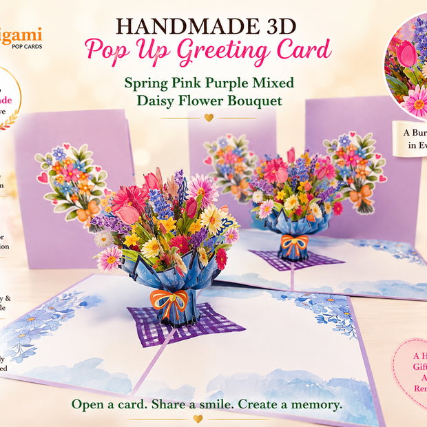 Spring Pink Purple Mixed Daisy Flower Bouquet Origami Pop Cards 3D Pop Up Greeting Card Happy Birthday Thank You Handmade Gift Thinking of You Blank Card for Any Occasion Happy Mother's Day Happy Father's Australiana Celebrate the Beauty of Flower