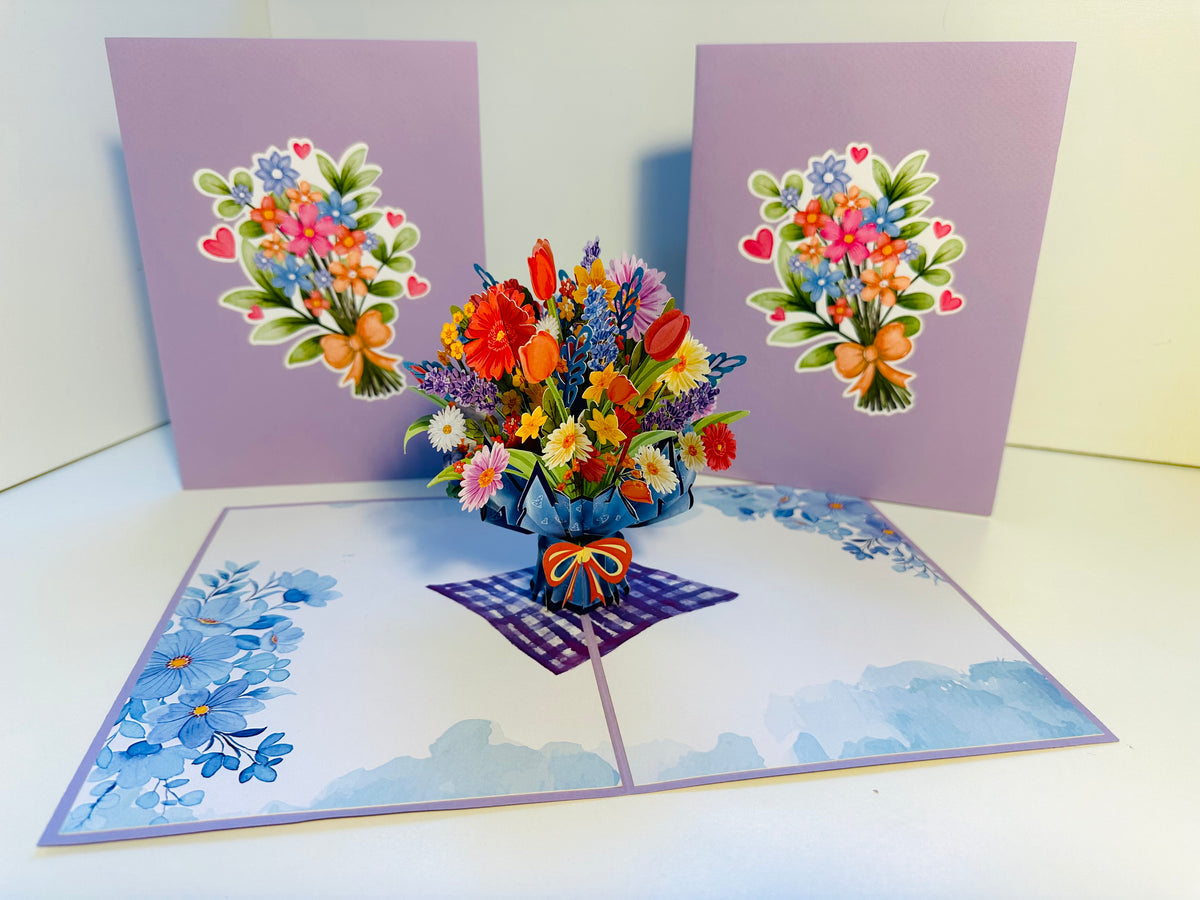 Spring Pink Purple Mixed Daisy Flower Bouquet Origami Pop Cards 3D Pop Up Greeting Card Happy Birthday Thank You Handmade Gift Thinking of You Blank Card for Any Occasion Happy Mother's Day Happy Father's Australiana Celebrate the Beauty of Flower