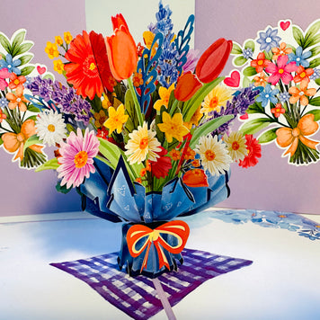 Spring Pink Purple Mixed Daisy Flower Bouquet Origami Pop Cards 3D Pop Up Greeting Card Happy Birthday Thank You Handmade Gift Thinking of You Blank Card for Any Occasion Happy Mother's Day Happy Father's Australiana Celebrate the Beauty of Flower