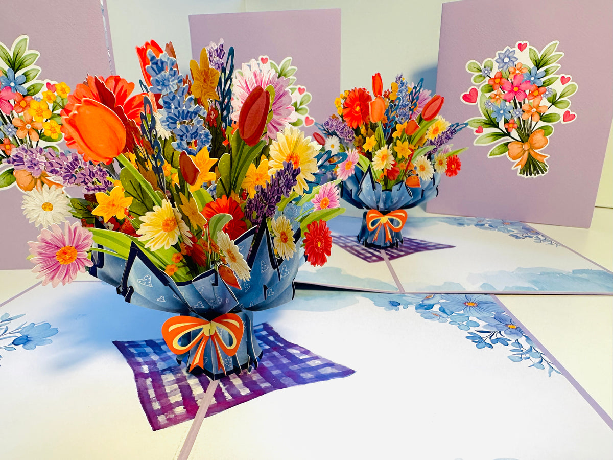 Spring Pink Purple Mixed Daisy Flower Bouquet Origami Pop Cards 3D Pop Up Greeting Card Happy Birthday Thank You Handmade Gift Thinking of You Blank Card for Any Occasion Happy Mother's Day Happy Father's Australiana Celebrate the Beauty of Flower