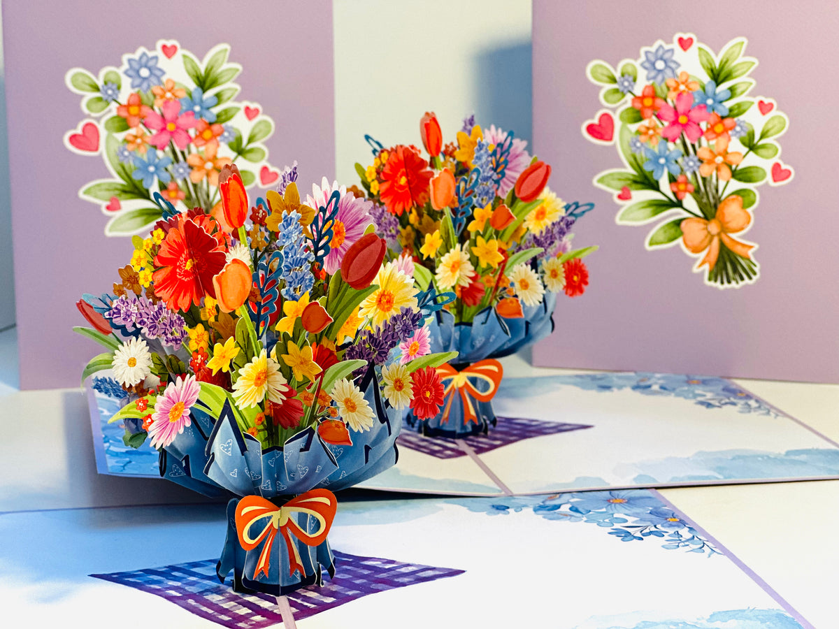 Spring Pink Purple Mixed Daisy Flower Bouquet Origami Pop Cards 3D Pop Up Greeting Card Happy Birthday Thank You Handmade Gift Thinking of You Blank Card for Any Occasion Happy Mother's Day Happy Father's Australiana Celebrate the Beauty of Flower