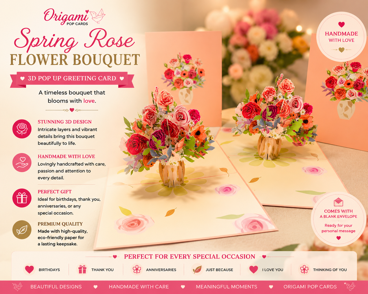 Spring Rose Flower Bouquet for any Special Occasion Origami Pop Cards 3D Pop Up Greeting Card Happy Birthday Thank You Handmade Gift Thinking of You Blank Card for Any Occasion Happy Mother's Day Happy Father's Australiana Celebrate and Romantic