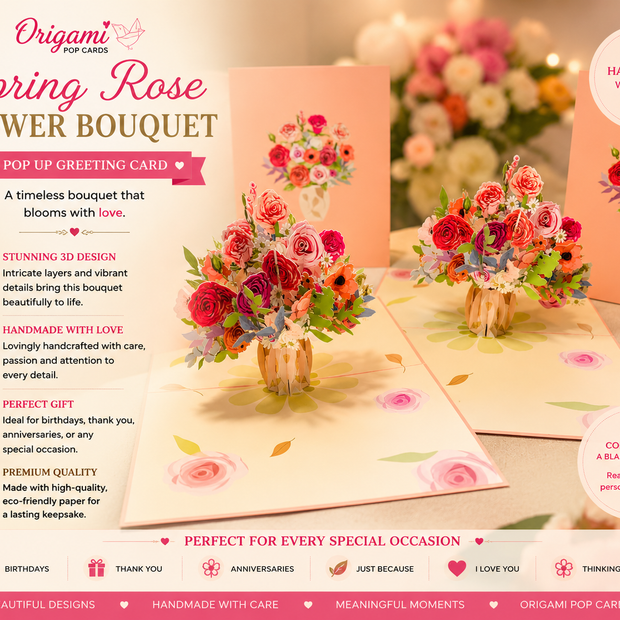 Spring Rose Flower Bouquet for any Special Occasion Origami Pop Cards 3D Pop Up Greeting Card Happy Birthday Thank You Handmade Gift Thinking of You Blank Card for Any Occasion Happy Mother's Day Happy Father's Australiana Celebrate and Romantic