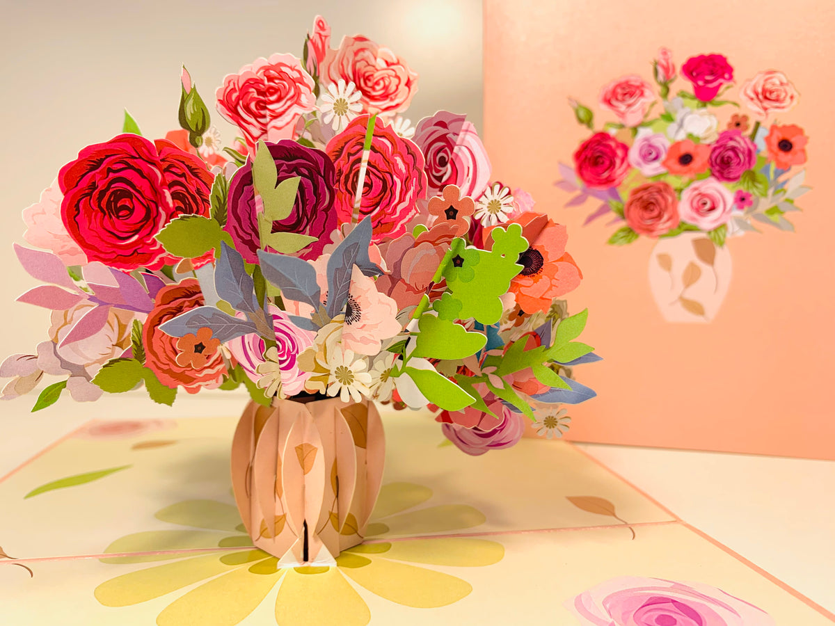 Spring Rose Flower Bouquet for any Special Occasion Origami Pop Cards 3D Pop Up Greeting Card Happy Birthday Thank You Handmade Gift Thinking of You Blank Card for Any Occasion Happy Mother's Day Happy Father's Australiana Celebrate and Romantic