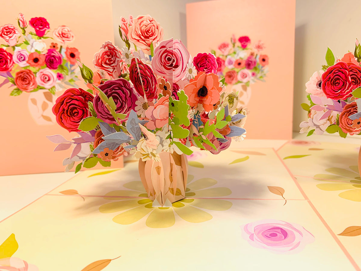 Spring Rose Flower Bouquet for any Special Occasion Origami Pop Cards 3D Pop Up Greeting Card Happy Birthday Thank You Handmade Gift Thinking of You Blank Card for Any Occasion Happy Mother's Day Happy Father's Australiana Celebrate and Romantic